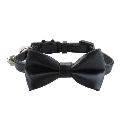 Black bow cat collar with bell, front view
