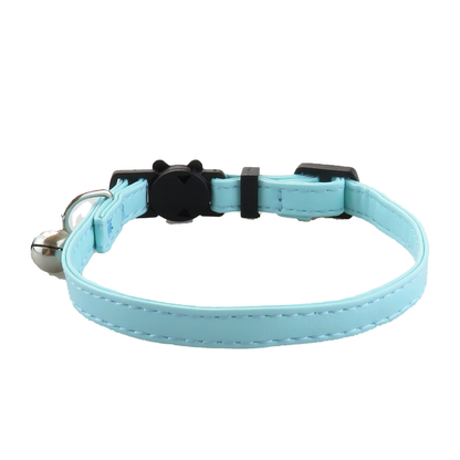 Plain light blue cat collar with stitched edges and bell