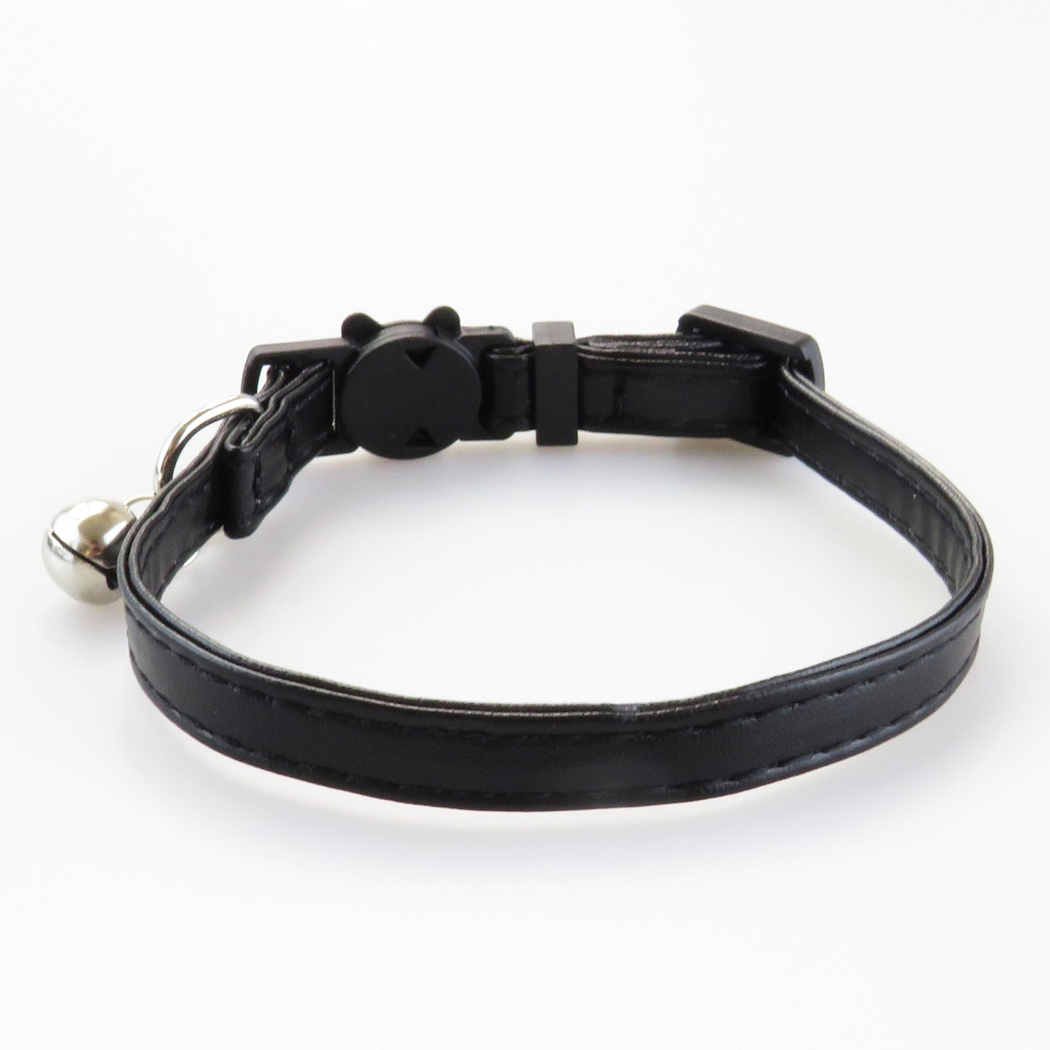 Plain black cat collar with stitched edges and bell