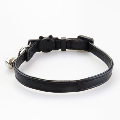 Plain black cat collar with stitched edges and bell
