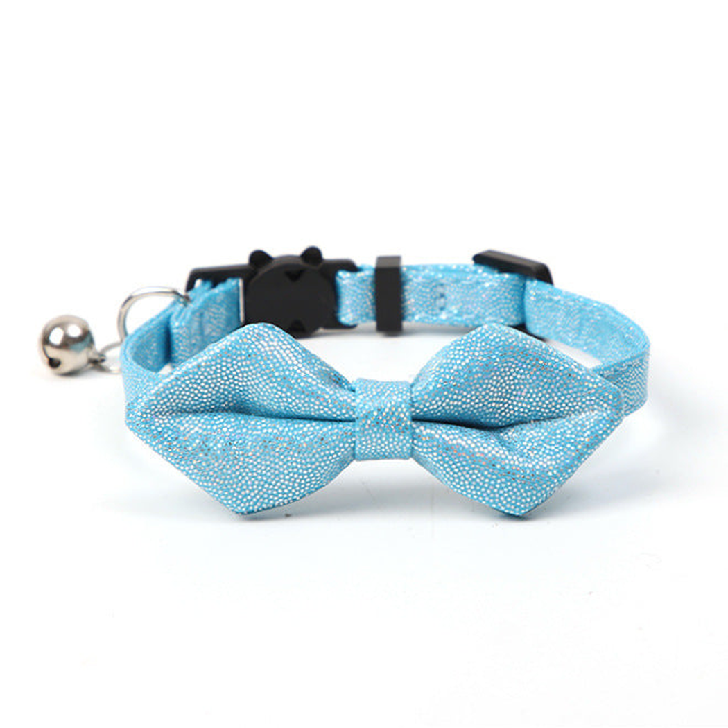 Light blue glitter bow cat collar with bell and cat-face buckle