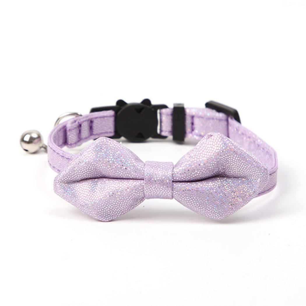 Light purple glitter bow cat collar with bell and cat-face buckle
