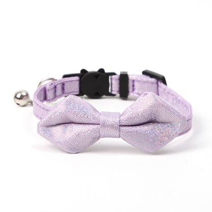 Light purple glitter bow cat collar with bell and cat-face buckle