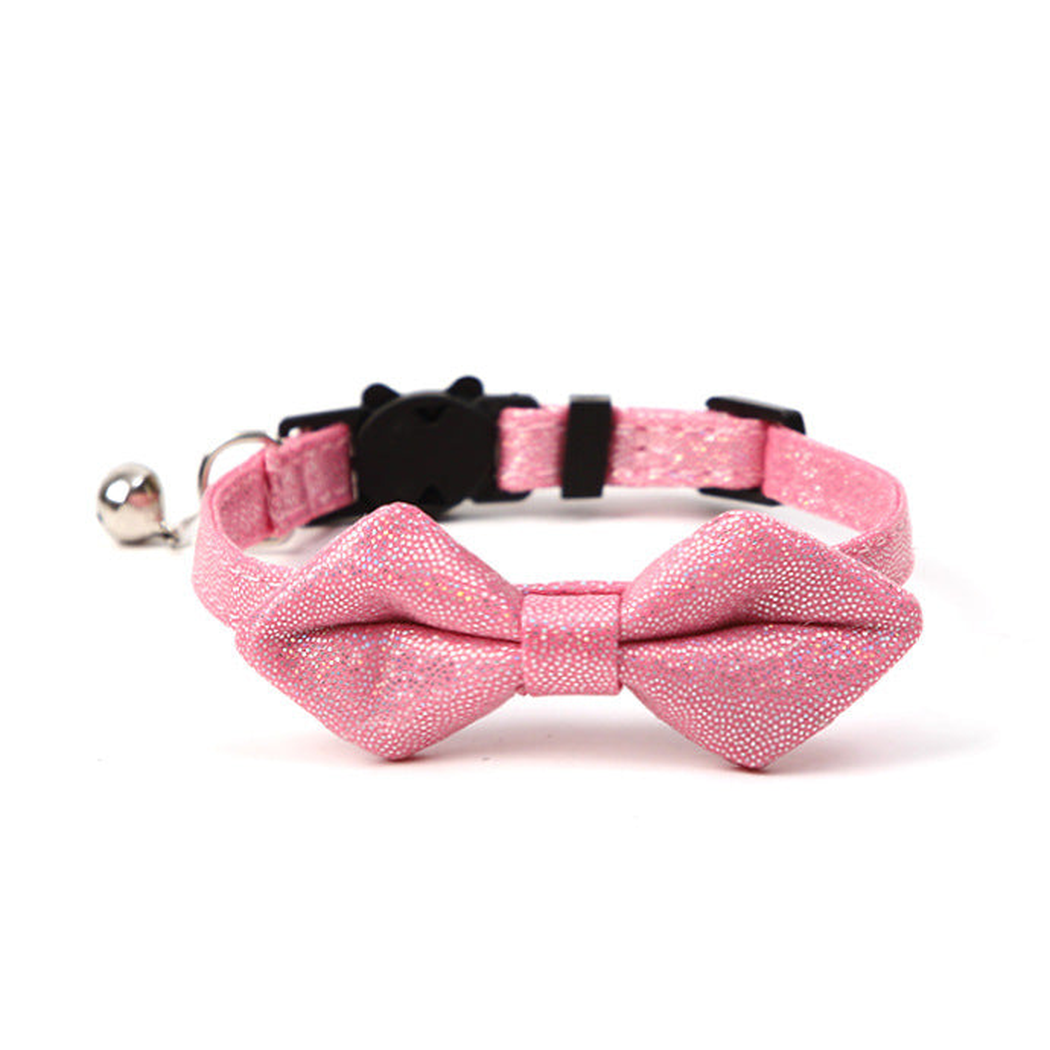 Pink glitter bow cat collar with bell and cat-face buckle