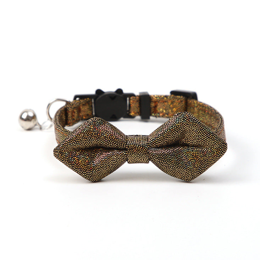 Brown and gold-tone glitter bow cat collar with bell and cat-face buckle