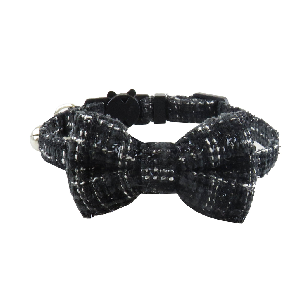 Black textured cat collar with bow, bell and cat-face buckle