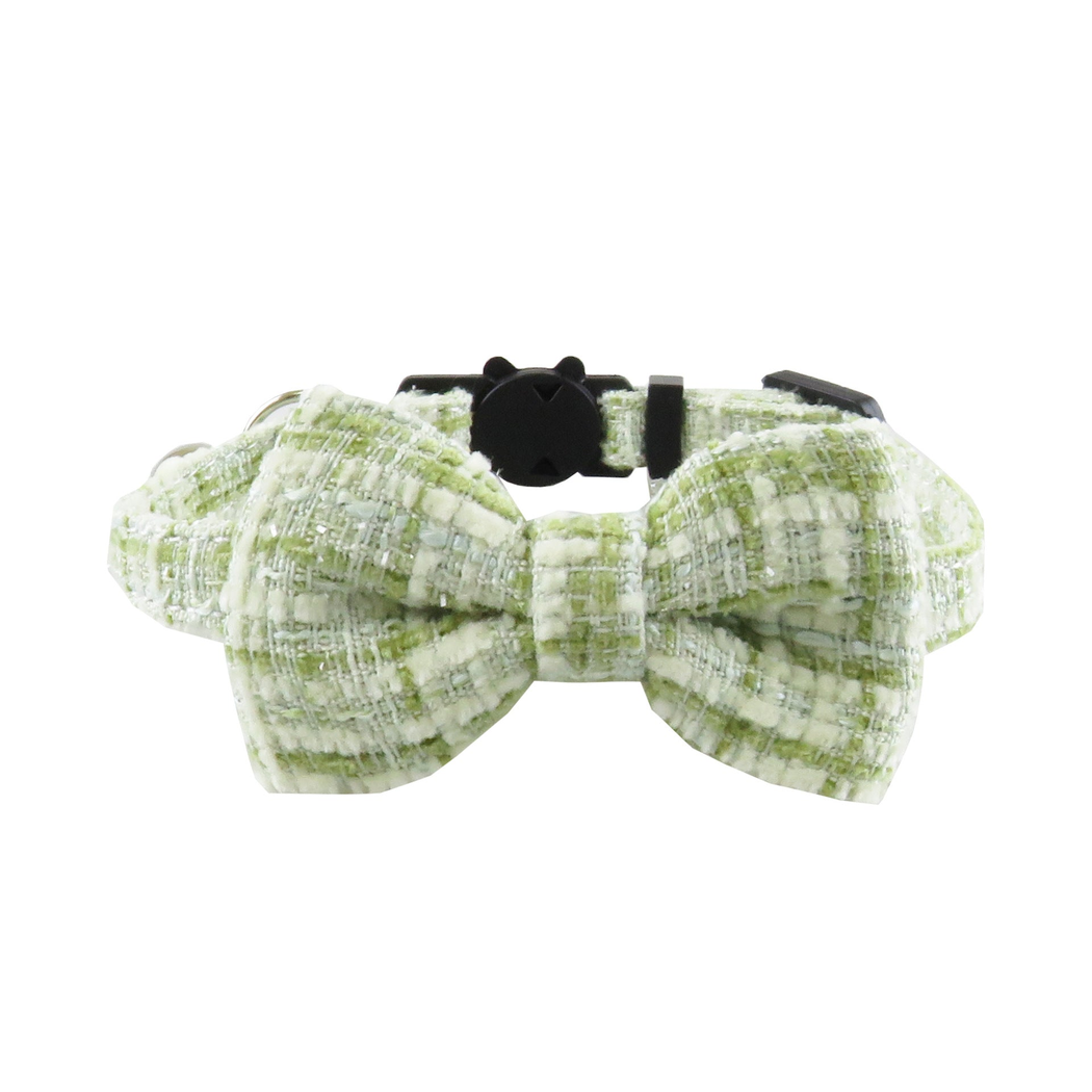 Green textured cat collar with bow and cat-face buckle