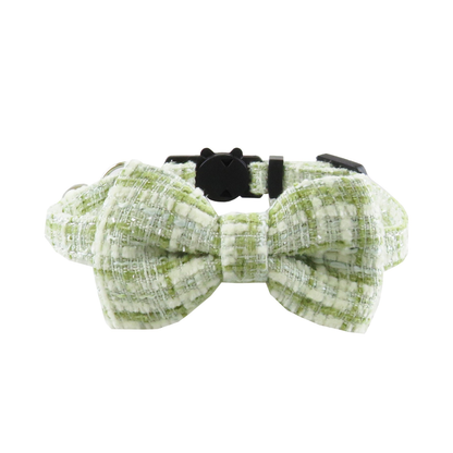 Green textured cat collar with bow and cat-face buckle