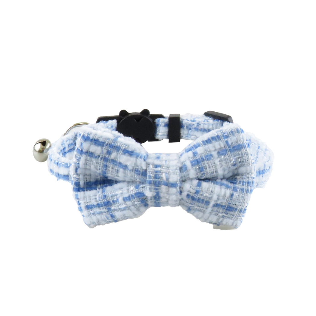 Light blue textured cat collar with bow, bell and cat-face buckle
