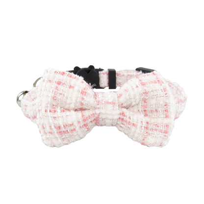 Light pink textured cat collar with bow, bell and cat-face buckle