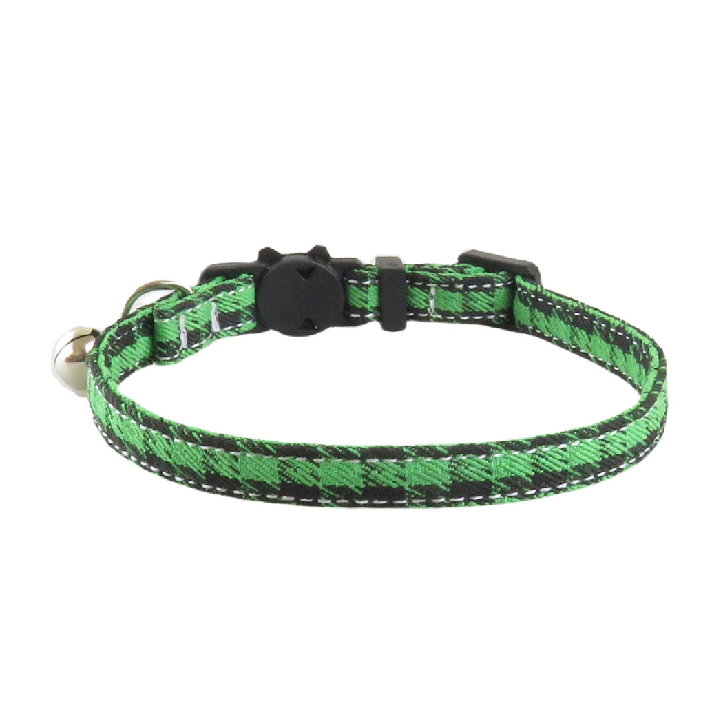 Green and black houndstooth cat collar without bow, front view