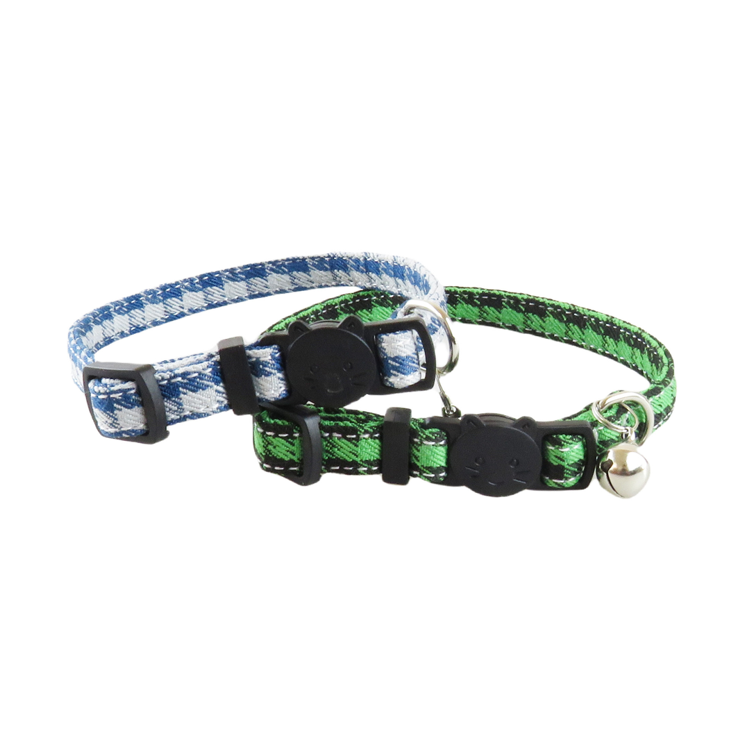 Blue and green houndstooth cat collars without bows, overlapping view