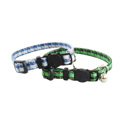Blue and green houndstooth cat collars without bows, overlapping view