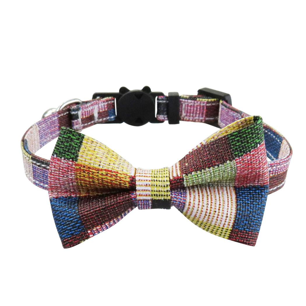Red and yellow patchwork cat collar with bow and bell