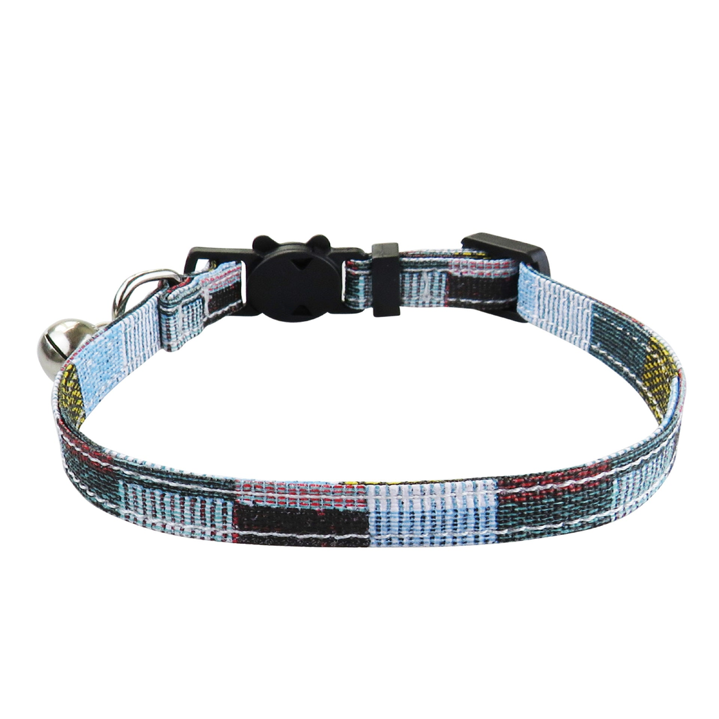 Light blue patchwork cat collar without bow, front view