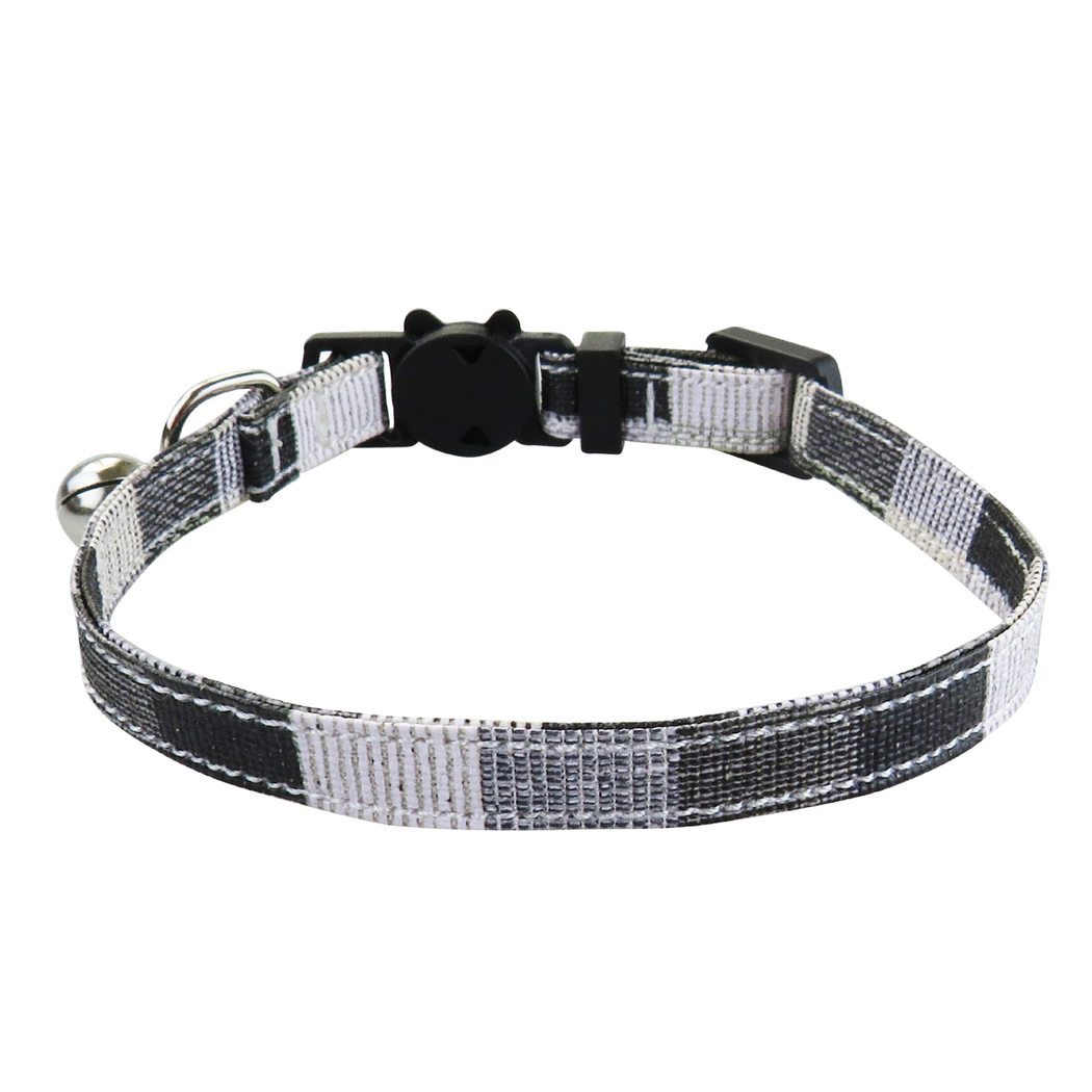Black-and-white patchwork cat collar without bow, front view
