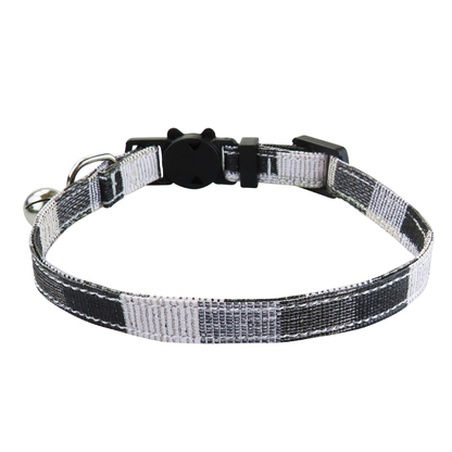 Black-and-white patchwork cat collar without bow, front view