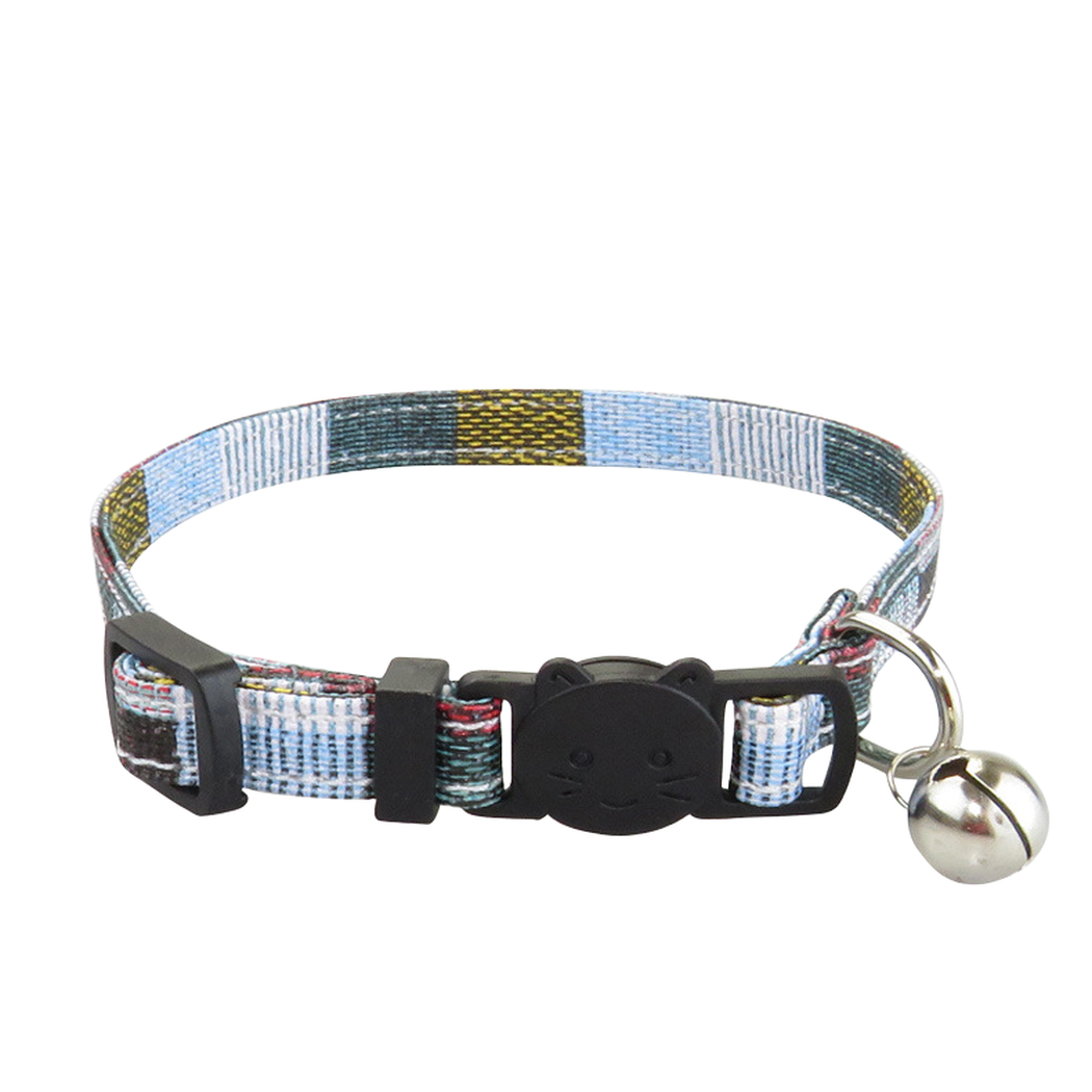 Light blue patterned cat collar with stitched edges, buckle and bell