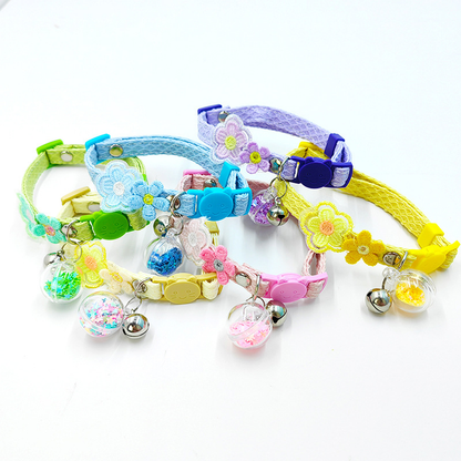 Six colorful flower cat collars with cat-face buckles, bells and clear charms