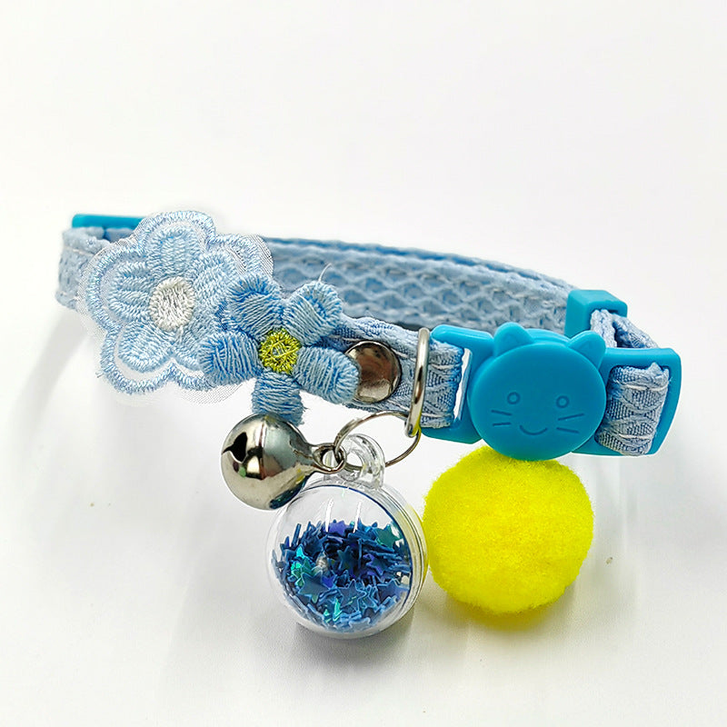 Light blue flower cat collar with cat-face buckle, bell and clear star-filled charm
