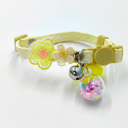 Ivory flower cat collar with cat-face buckle, bell and multicolor star-filled charm