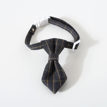 Dark gray plaid necktie cat neckwear with adjustable strap