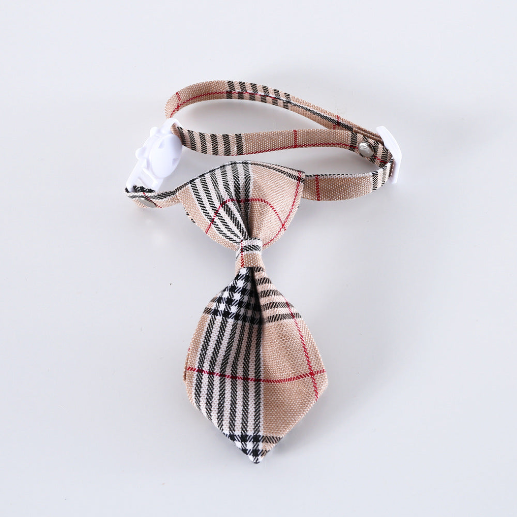 Beige plaid necktie cat neckwear with adjustable strap