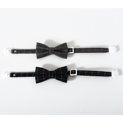 Two plaid bow cat neckwear styles laid flat to show the adjustable straps