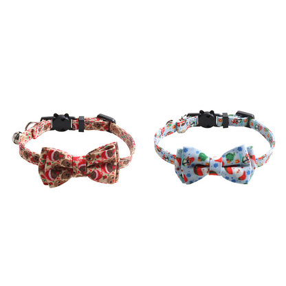 Beige gingerbread-print and light blue Santa-print bow cat neckwear displayed together