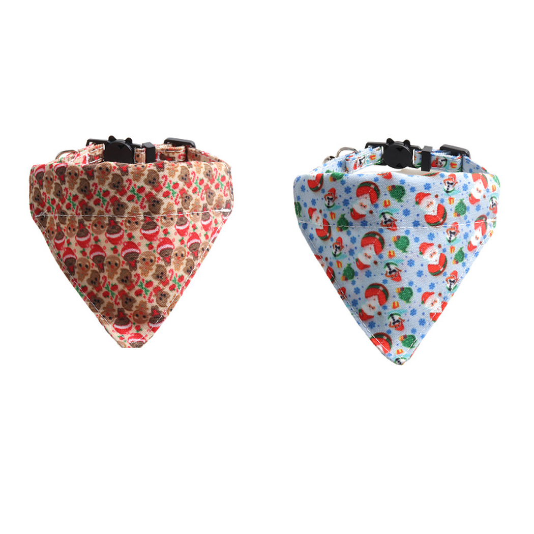 Beige gingerbread-print and light blue Santa-print triangular cat neckwear displayed together