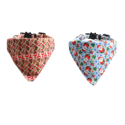 Beige gingerbread-print and light blue Santa-print triangular cat neckwear displayed together