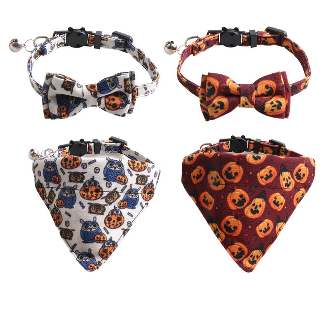Owl and jack-o'-lantern cat neckwear styles displayed together
