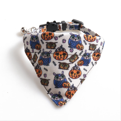White owl and pumpkin triangular cat neckwear, front view