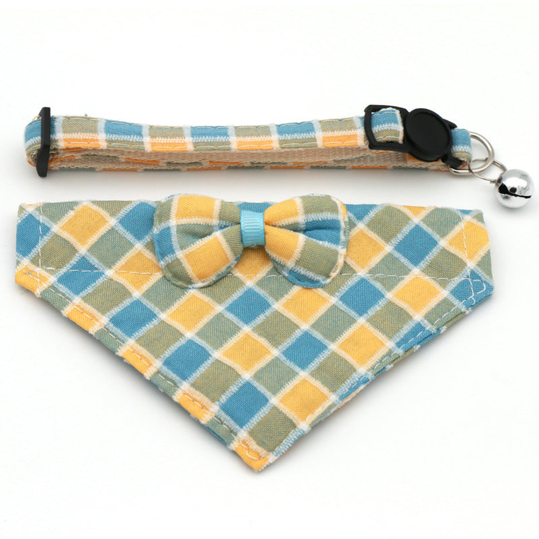 Blue, yellow and green plaid cat neckwear with bow, strap and bell