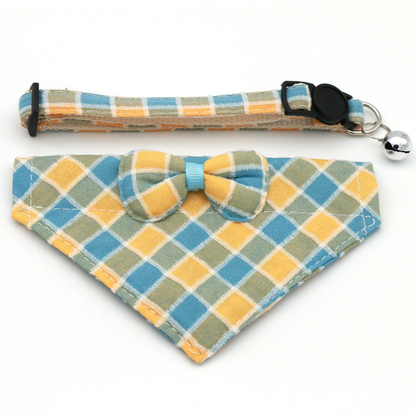 Blue, yellow and green plaid cat neckwear with bow, strap and bell