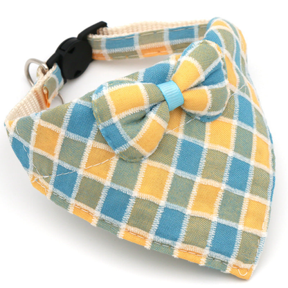 Light blue, yellow and green plaid cat neckwear with centered bow