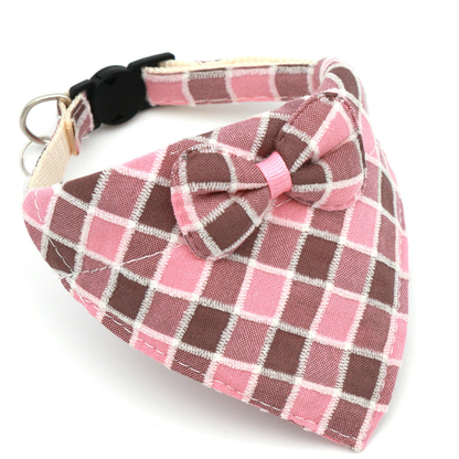 Pink and brown plaid cat neckwear with centered bow