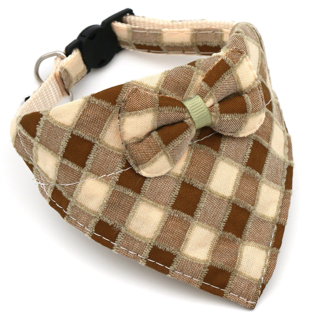 Brown and cream plaid cat neckwear with centered bow