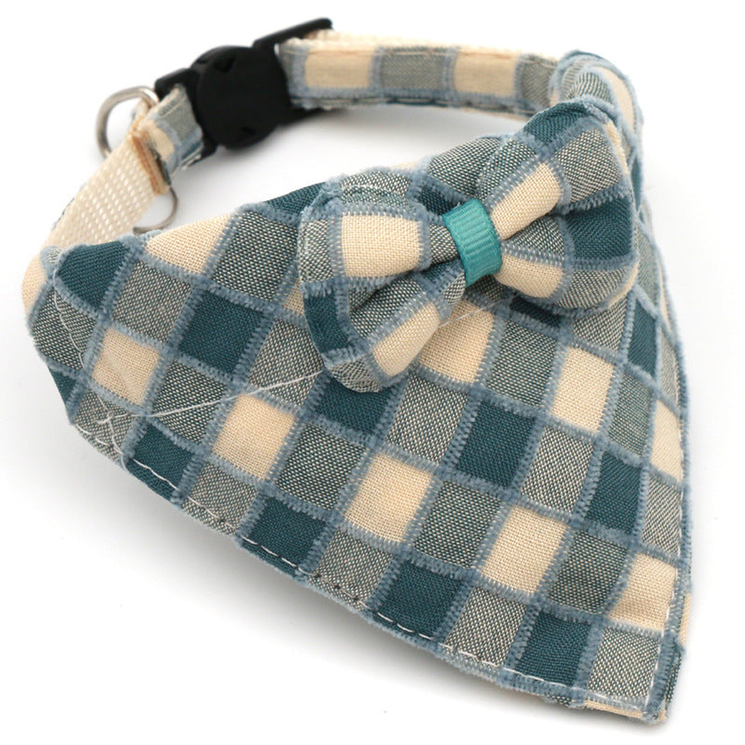 Dark teal and cream plaid cat neckwear with centered bow