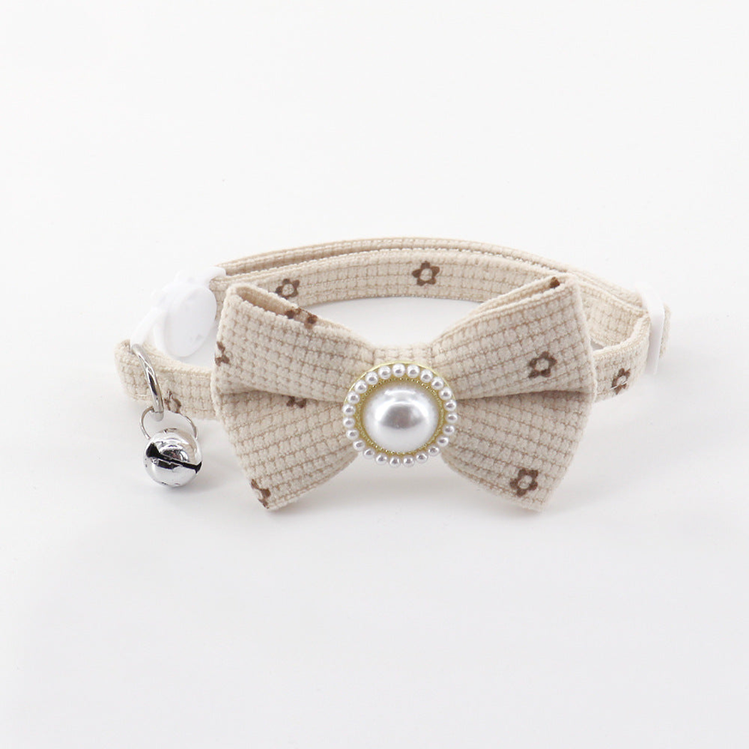 Ivory floral bow cat collar with bell and pearl-look center