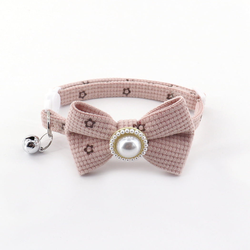 Light pink floral bow cat collar with bell and pearl-look center