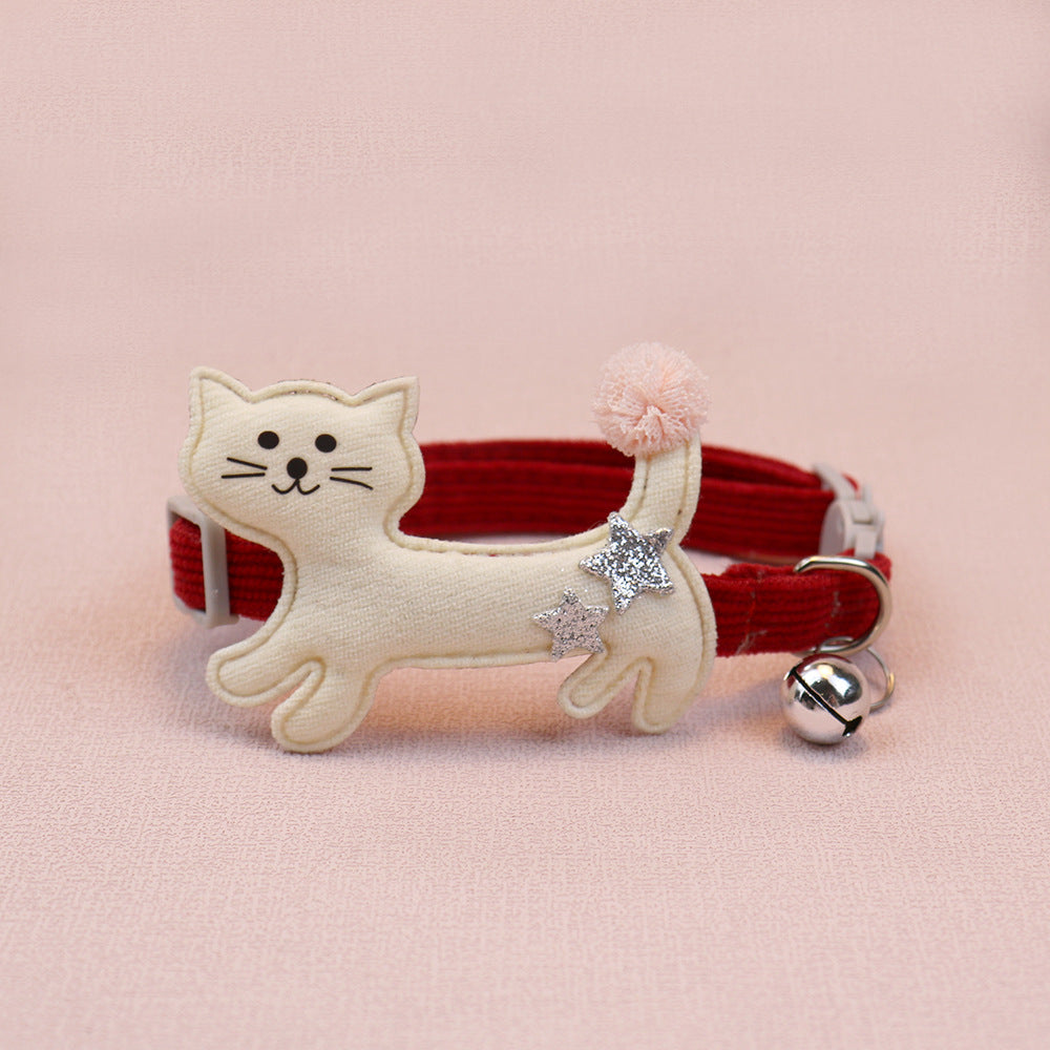 Red cat collar with ivory cat applique, pom-pom tail and bell