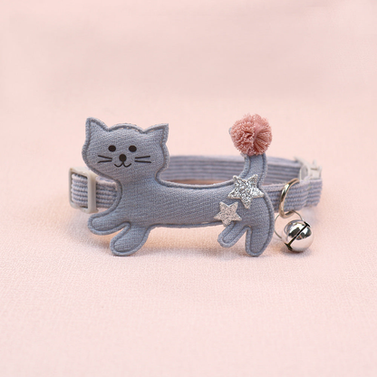 Gray-blue cat collar with cat applique, pom-pom tail and bell