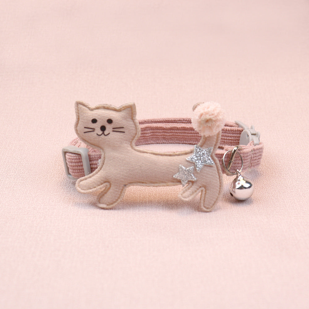 Light pink cat collar with cat applique, pom-pom tail and bell