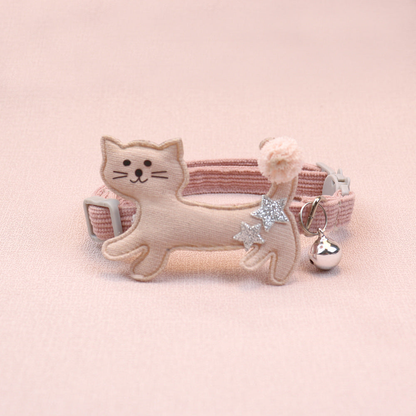 Light pink cat collar with cat applique, pom-pom tail and bell
