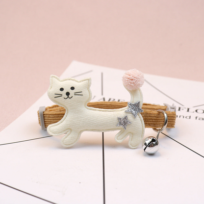 Mustard orange cat collar with ivory cat applique, pom-pom tail and bell