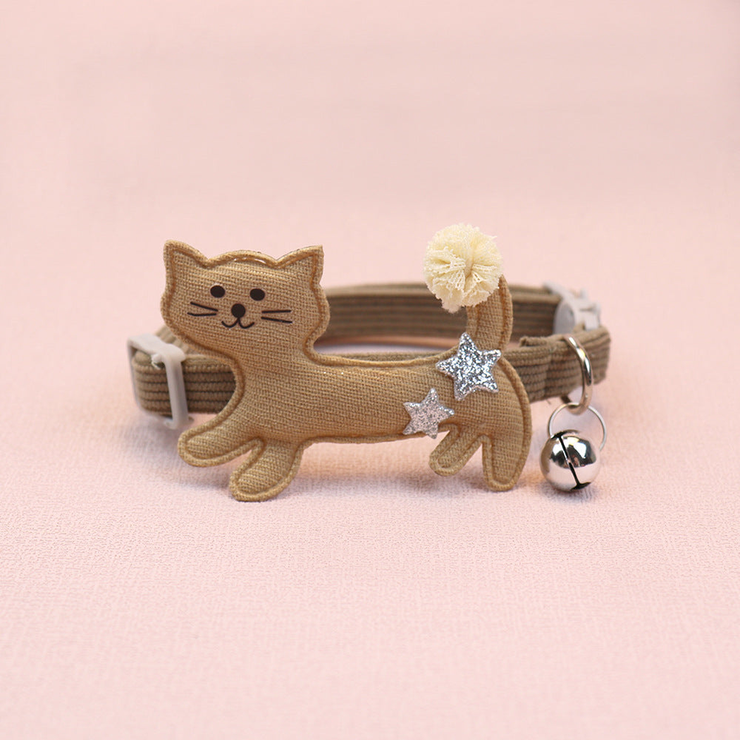 Brown cat collar with cat applique, pom-pom tail and bell