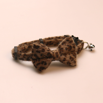 Dark brown leopard-print cat collar with bow and bell