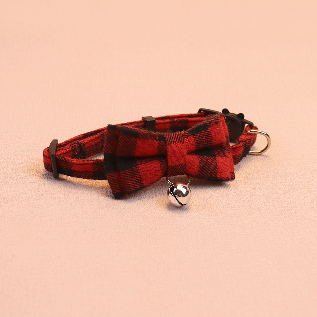 Red and black plaid bow cat collar with centered bell