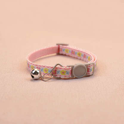 Light pink floral cat collar with bell and round buckle